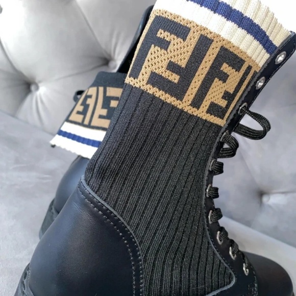 Fendi Black Combat Boots with Logo Cuff - Picture 3 of 6